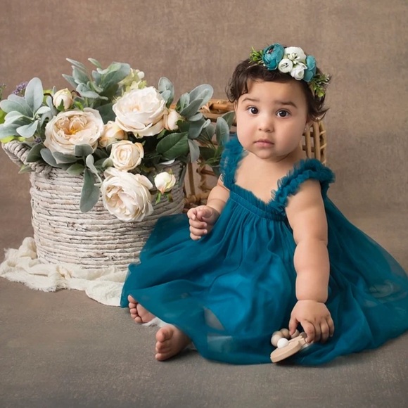 Peacock Tulle Baby Dress + Headband Set 6-9 Months - Picture 2 of 7
